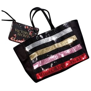 Victoria's Secret sequin striped tote bag with mini